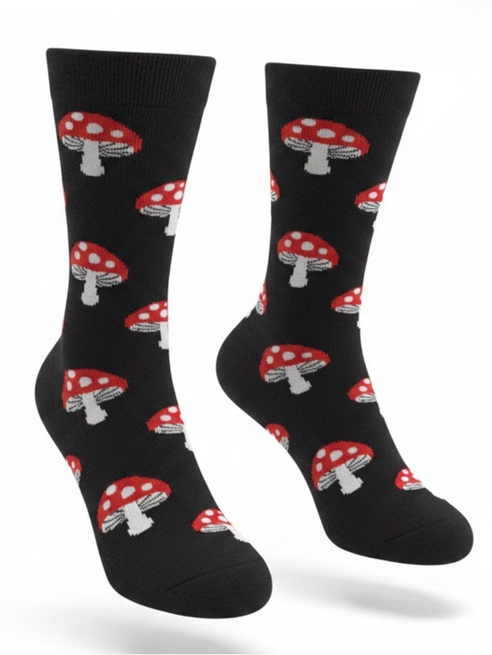 None Accessories - Black Crew Socks with Red Mushroom Pattern